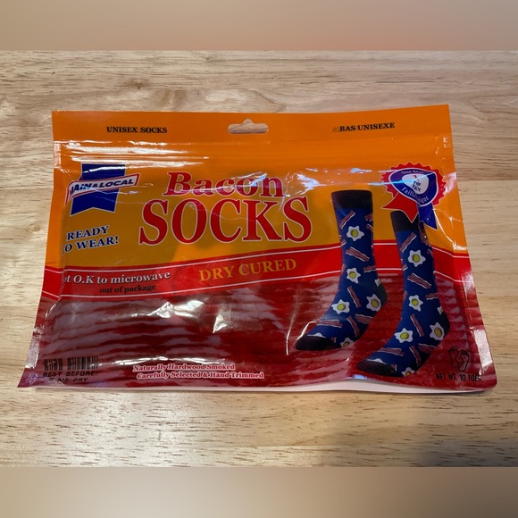 Unisex Main & Local Bacon Socks in Package. Polyester and Cotton - Picture 1 of 3